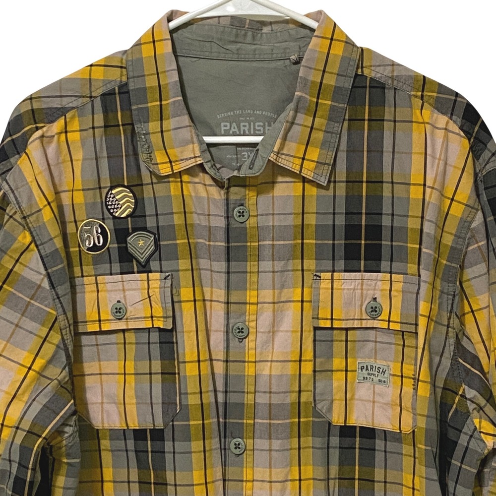 Parish Nation Men 3X Plaid Shirt Military Patches Streetwear Urban Grunge Skater